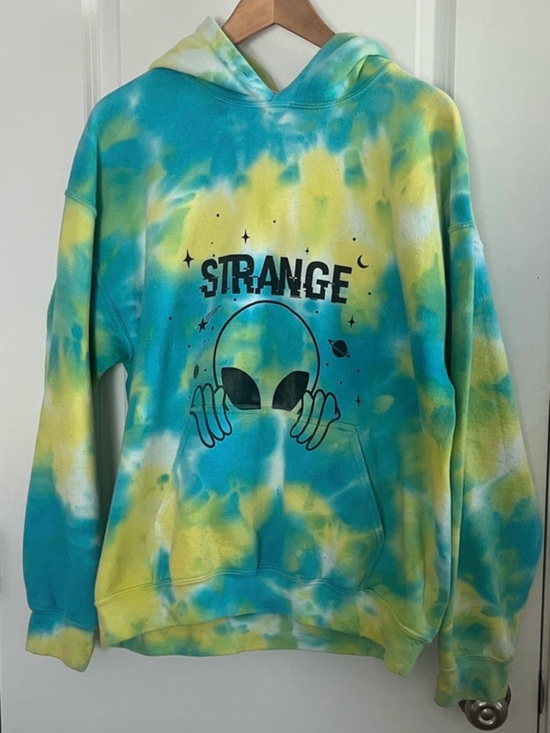 Gildan Tops - Gildan Tie-Dye Hoodie with Alien 'STRANGE' Graphic - Blue & Yellow